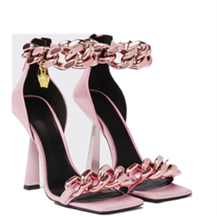 New design gold chain square head open toe women high heel sandal Apparel & Accessories > Shoes