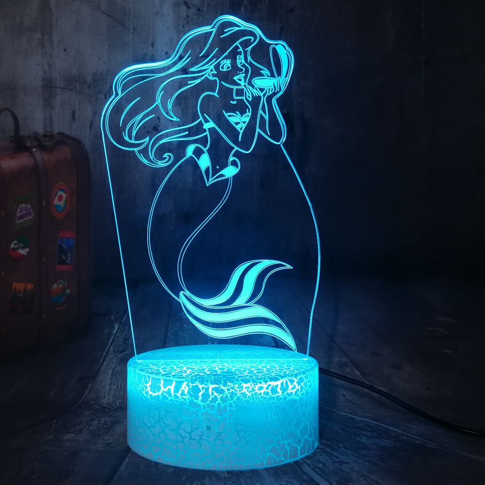 Remote control crack base mermaid ariel usb touch 7 colors 3d led décor lamp