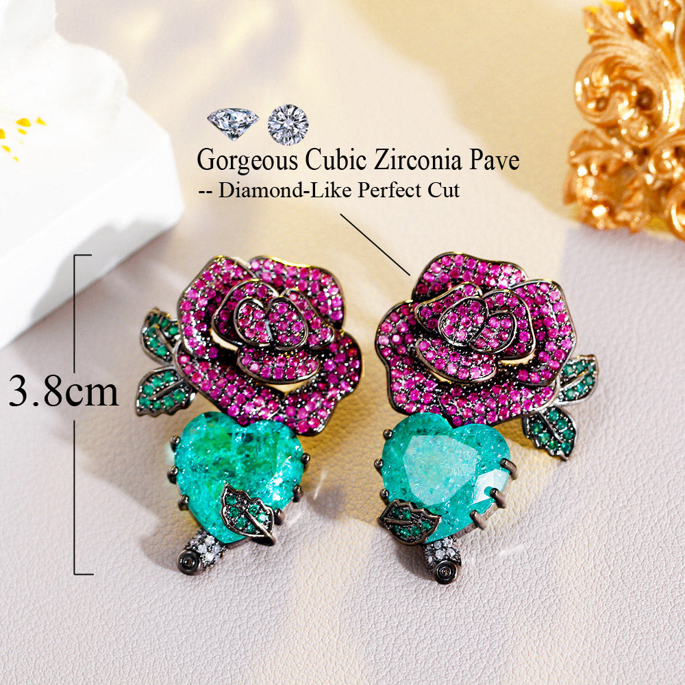 Black gun plated cubic zirconia red rose flower green heart leaf drop earrings jewelry