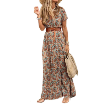 Womens long dress summer v neck boho belted maxi casual beach party