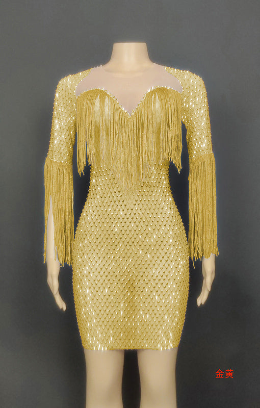 Crystal diamonds tassels women clothing sheath low cut see through luxury party gown