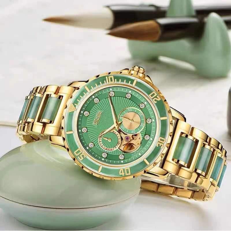 5atm waterproof stainless steel case jade watch mens luxury automatic watch