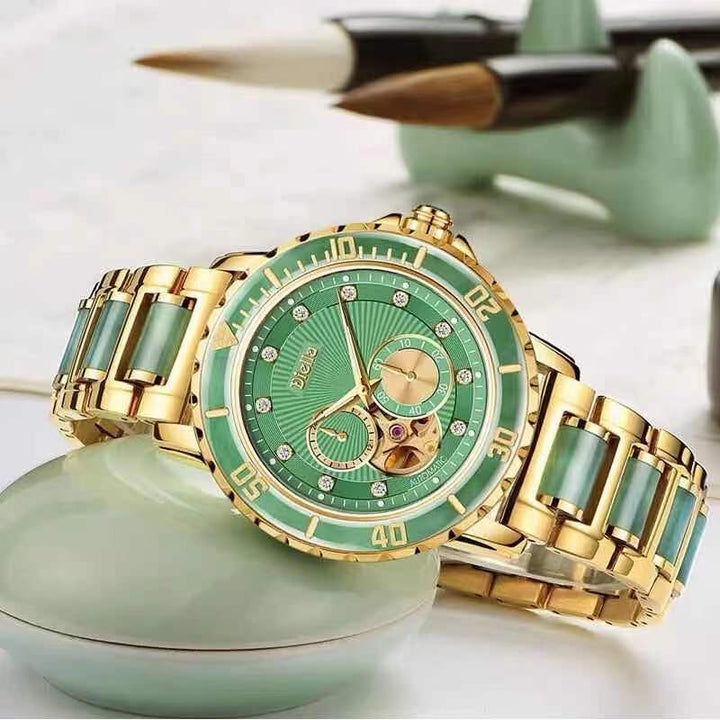 5atm waterproof stainless steel case jade watch mens luxury automatic watch