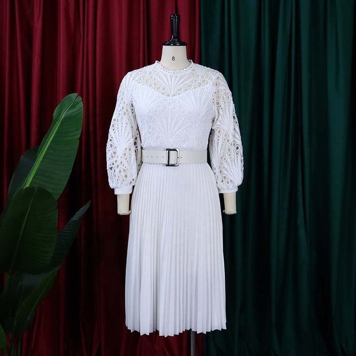 2022 summer puff sleeve lace pleated office lady dresses with belt