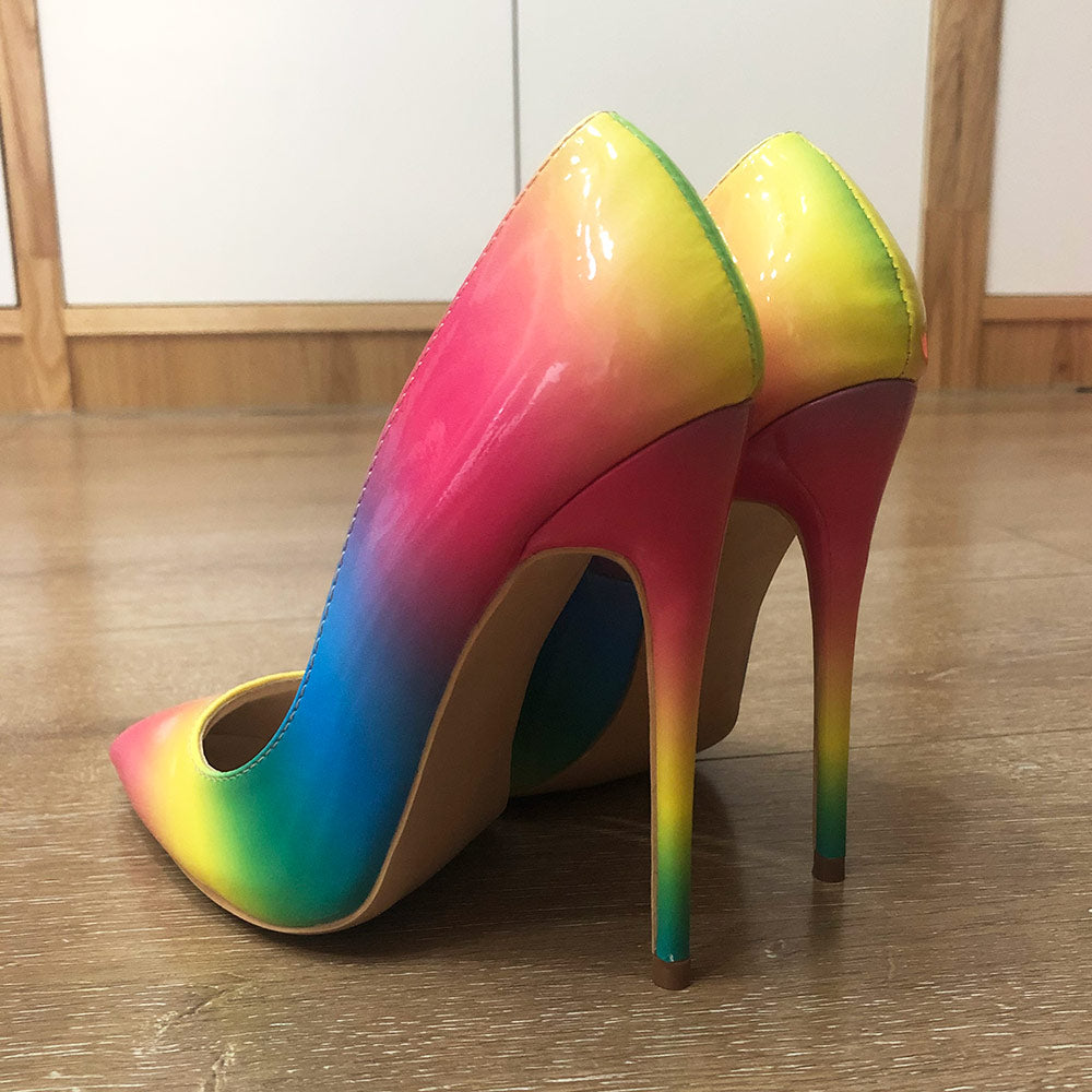 Veowalk Rainbow Colorful Patent Leather Women Sexy Stiletto Extemely High Heels, Fashion Pointed Toe Pumps Party Shoes