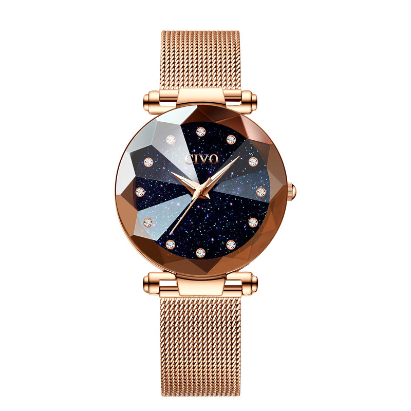 Luxury crystal waterproof rose gold steel mesh quartz women watch