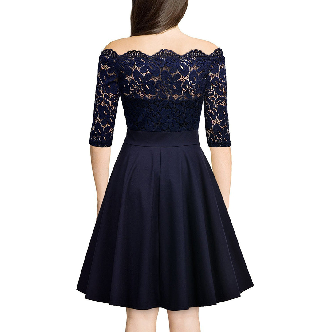 Womens elegant lace off the shoulder dress bridesmaid skater a line party