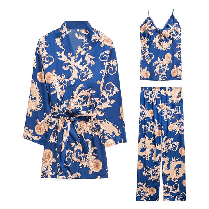 Dragon phoenix print men silk satin couple pajamas sets