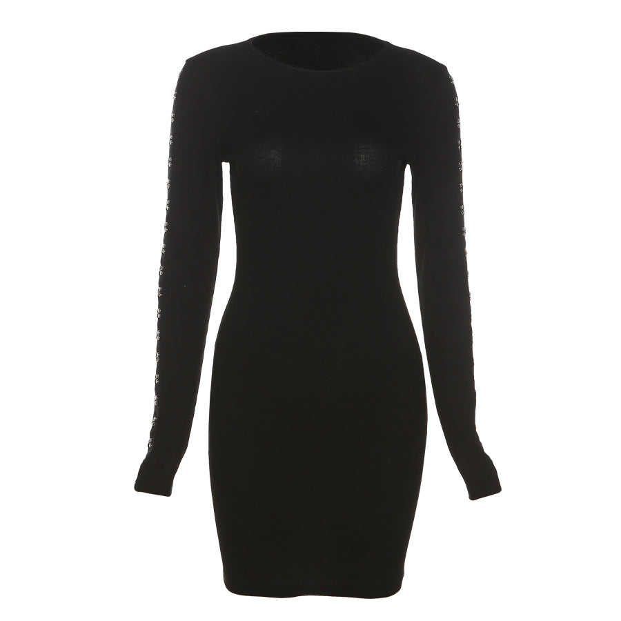 Solid knitted long sleeve buckle club elegant casual dress women