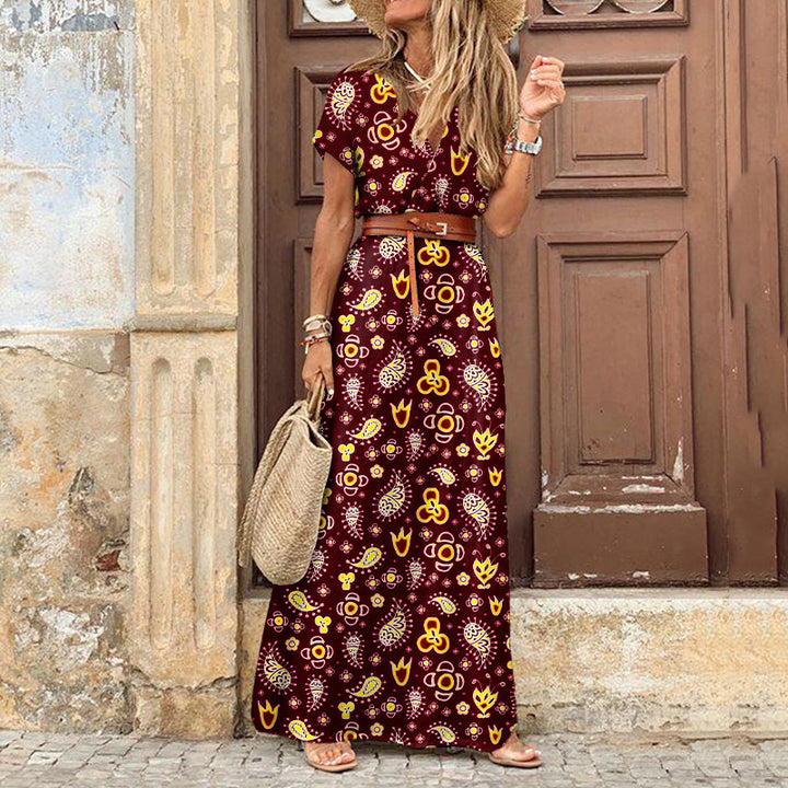 Womens long dress summer v neck boho belted maxi casual beach party