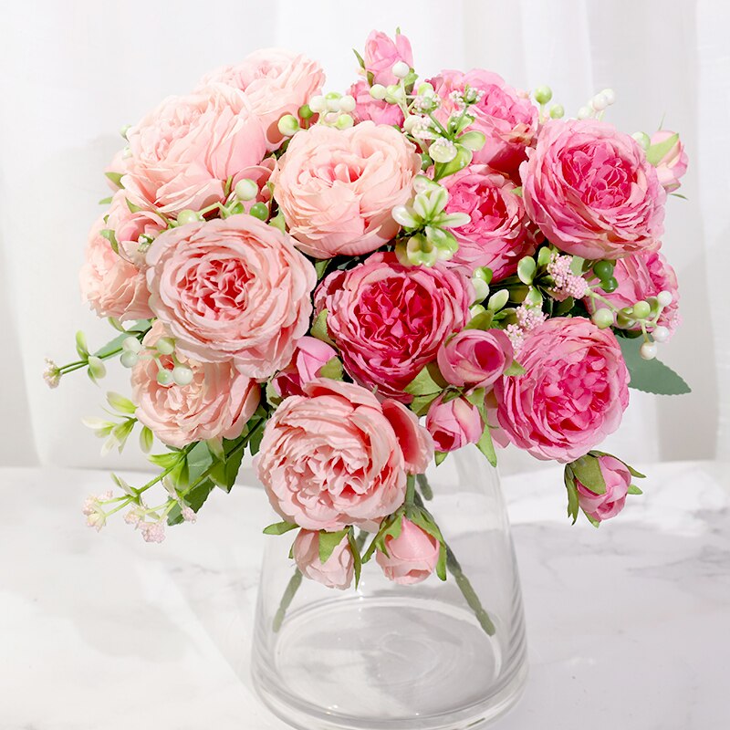 Pink silk peony artificial flowers rose wedding home decor big bouquet