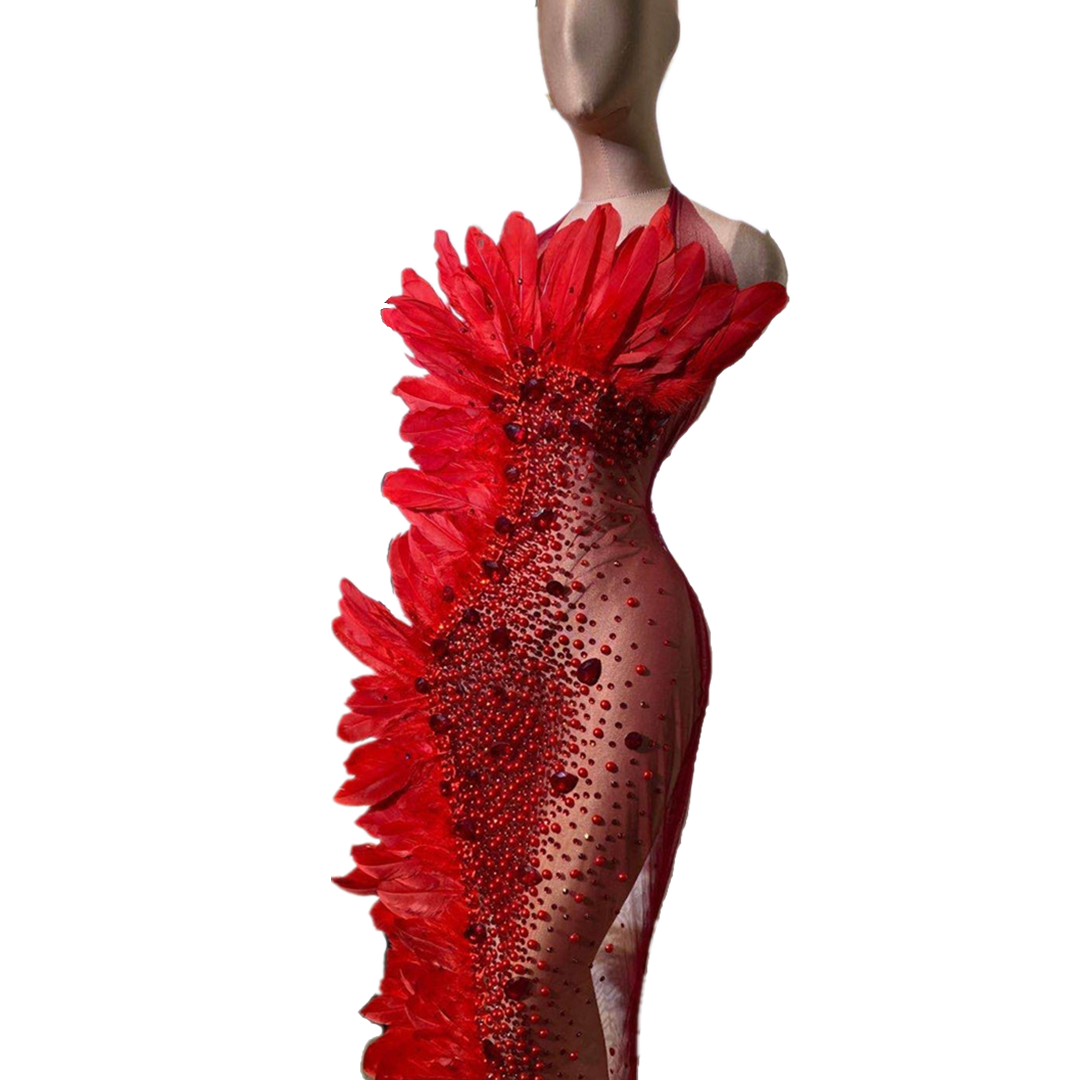 Red crystal see through feathers mermaid dress womens rhinestone