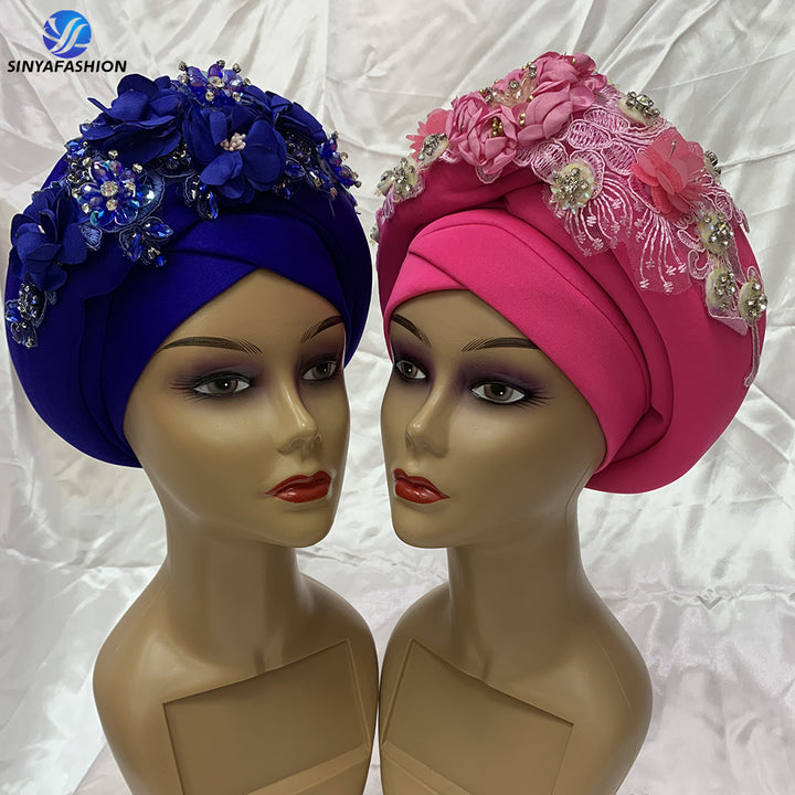 Best selling turban hat flower designs crystal auto gele headtie for women