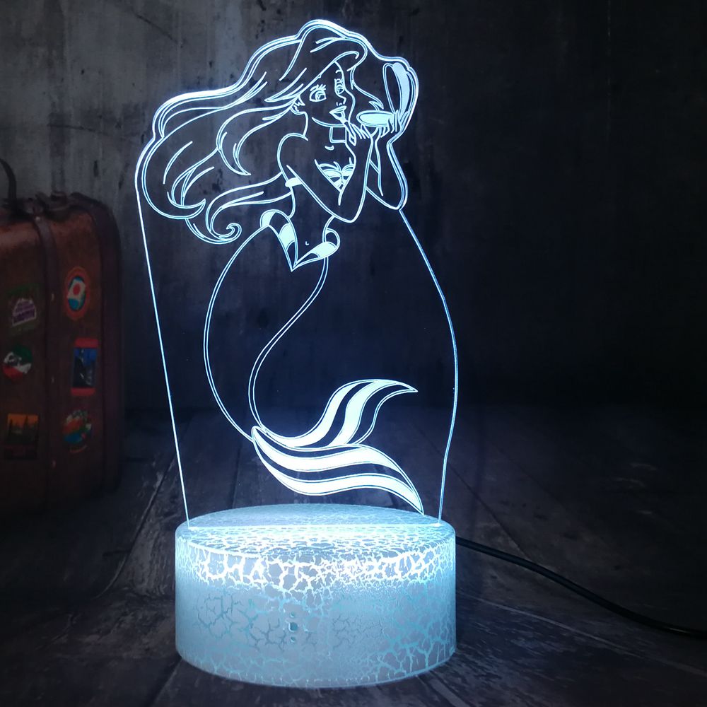 Remote control crack base mermaid ariel usb touch 7 colors 3d led décor lamp