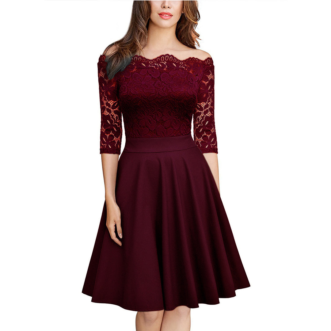 Womens elegant lace off the shoulder dress bridesmaid skater a line party