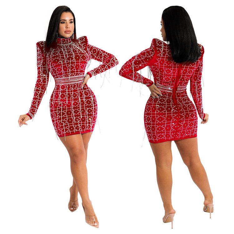 Tassels rhinestone crystal long sleeve dress womens mini skirt bodycon