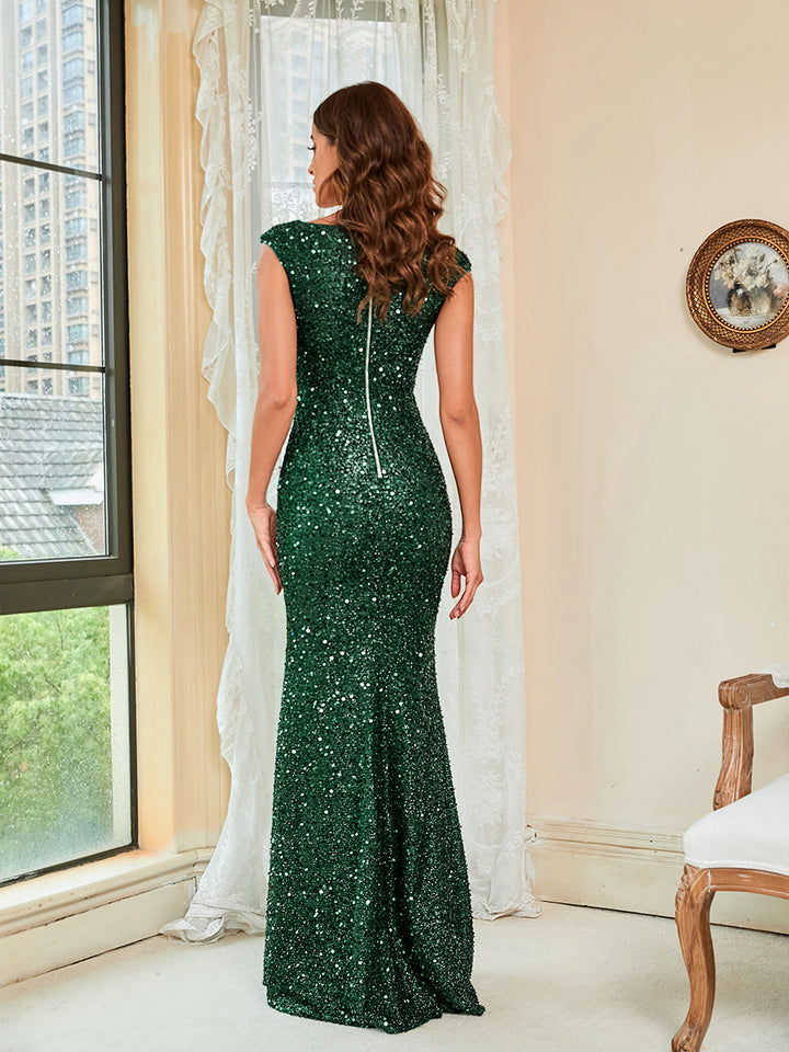 Womens dress gold bling mermaid sequined formal wear gowns