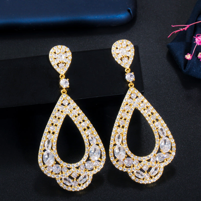 Full micro cz crystal 18k gold color womens wedding luxury long earring jewelry