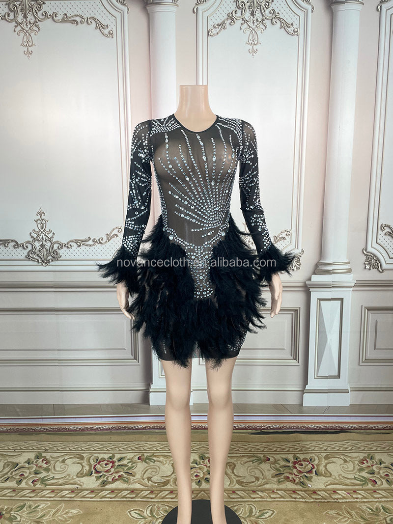 Unique gifts glitter rhinestone sequin black feather prom dresses