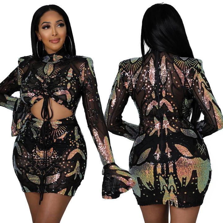 Bodycon open front tie up womens dress sequins paisley flare long sleeve