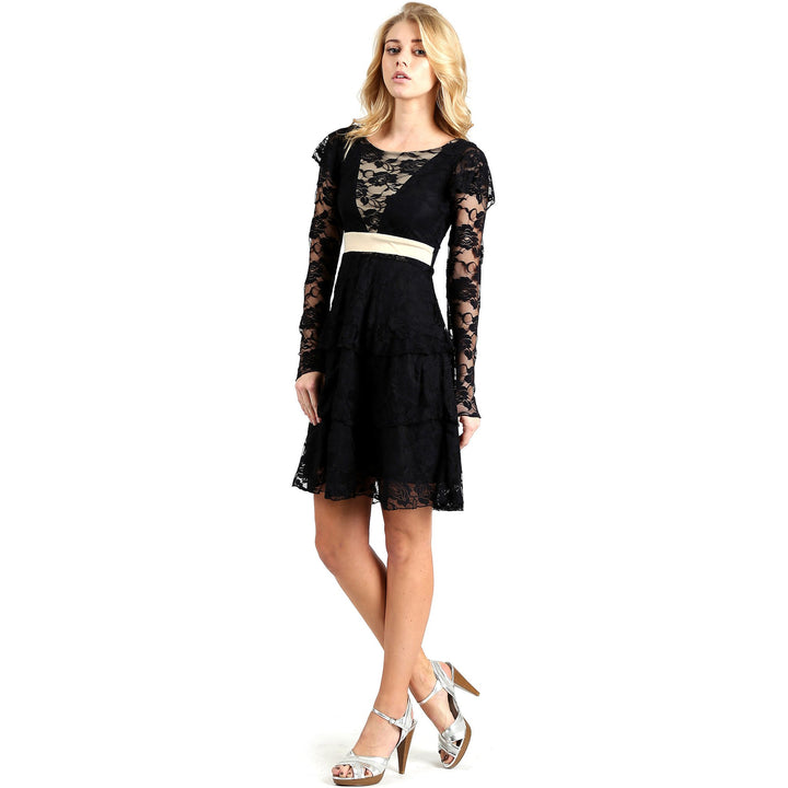 Evanese Women's Elegant Lace Cocktail Tiered Short Skirt Dress With Long Sleeves