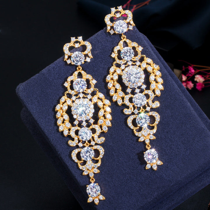 85mm Exclusive Extra Long Leaf Drop Dangle Cubic Zircon Wedding Engagement Party African Gold Plated Earrings for Women Jewelry