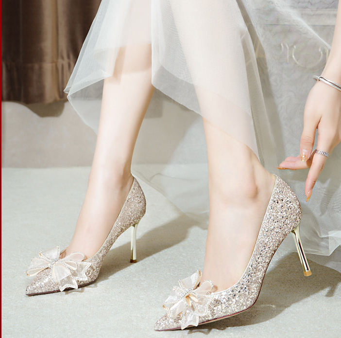 New Pretty Big Bow Lady Girls Dress Glitter Shoes Pointed Toe High Heels Bridal Wedding Pumps Shoes