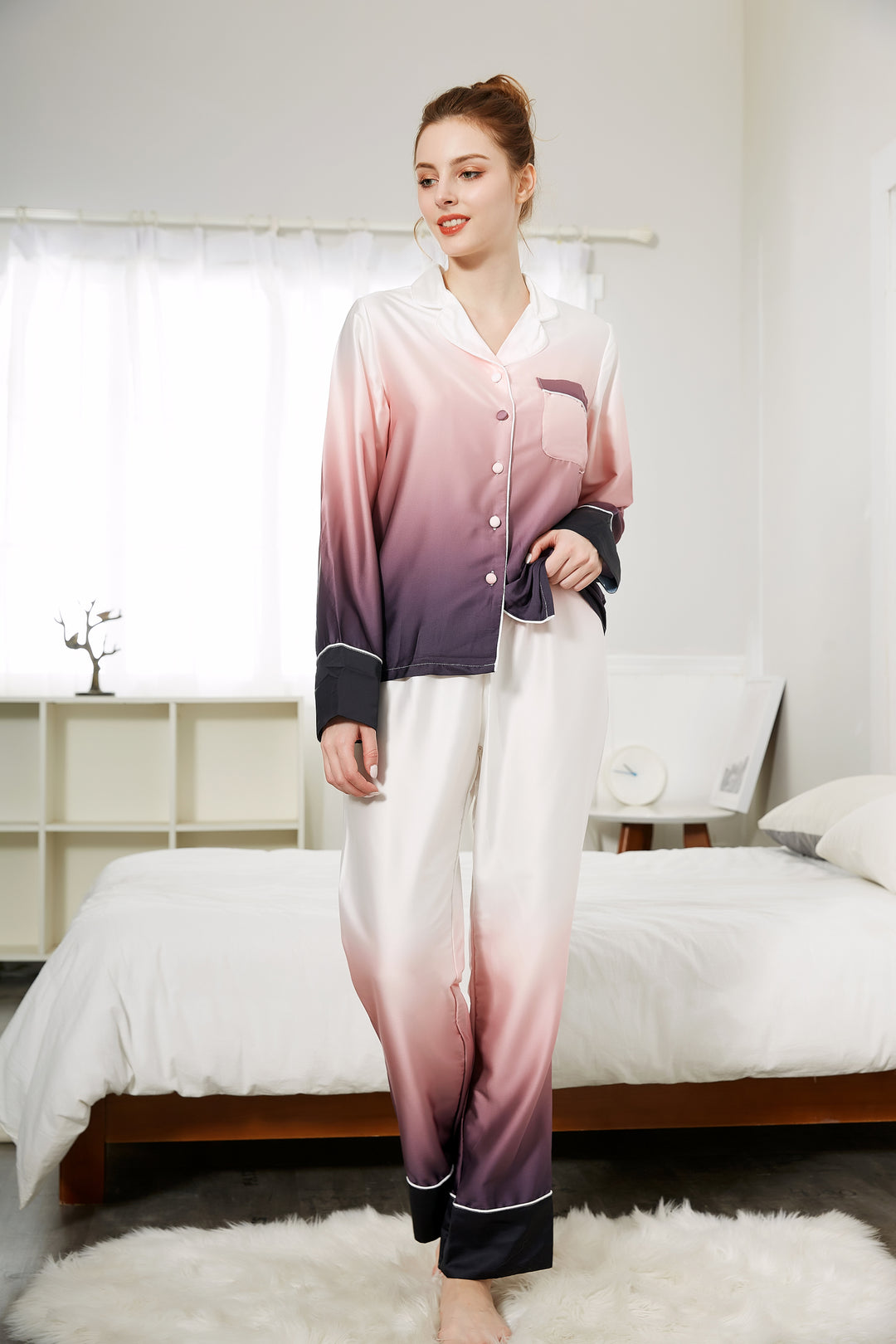 Womens silk satin pajamas set sleepwear loungewear long pajamas