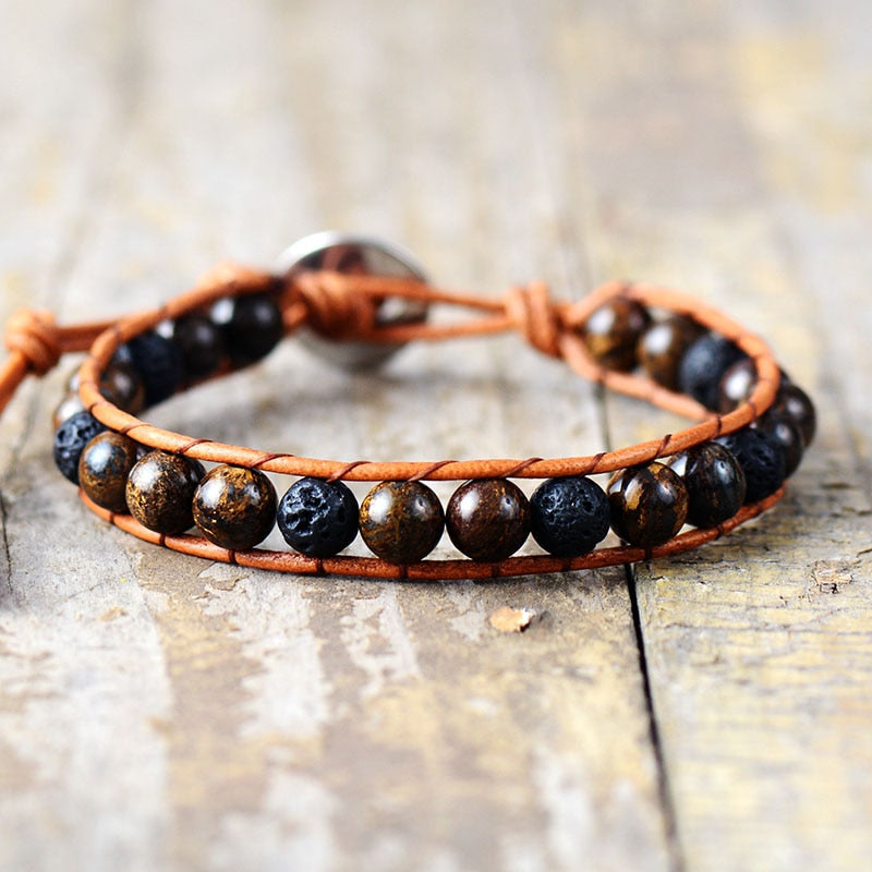 mens lava stone bronzite bracelet wrap