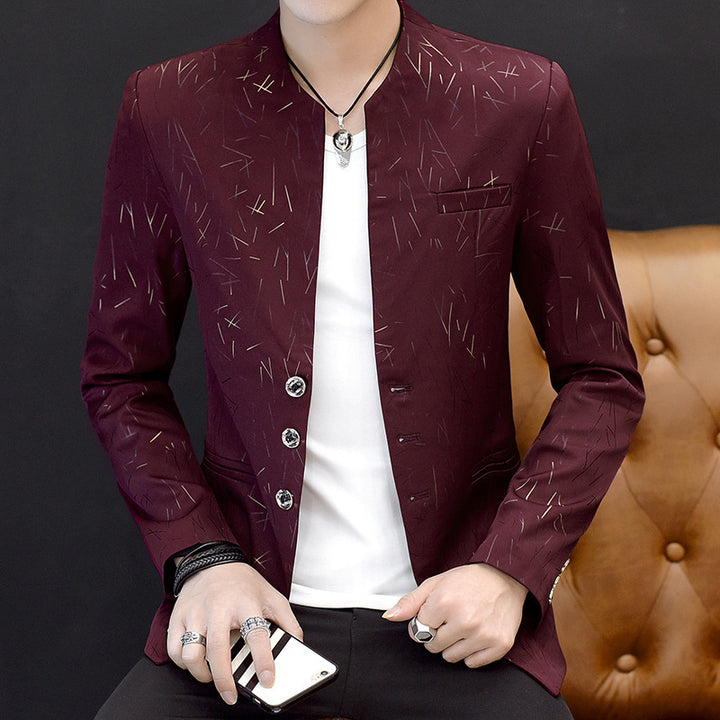 Men Blazer Suit Printed Slim Stand Collar Casual  Mens Suit Thin Jacket Youth Costumes