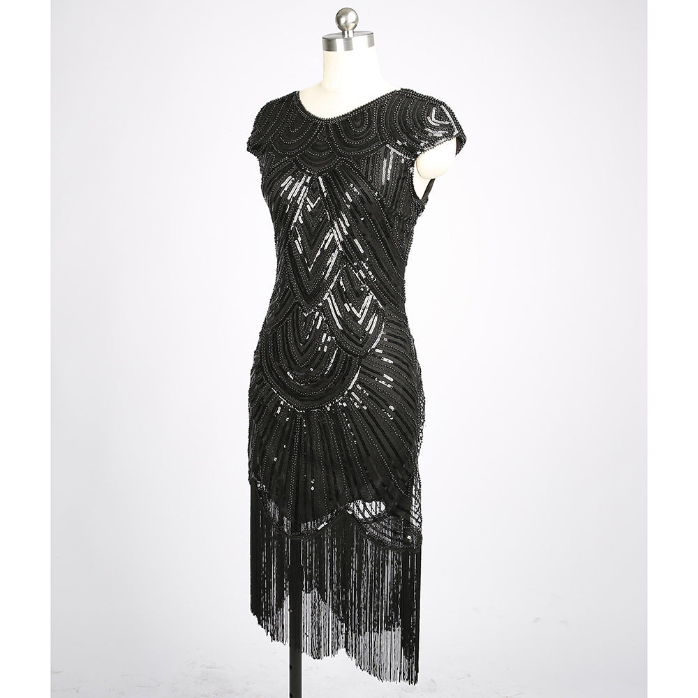 Woman elegant formal evening beaded mini tassel sequined fringed mini dress