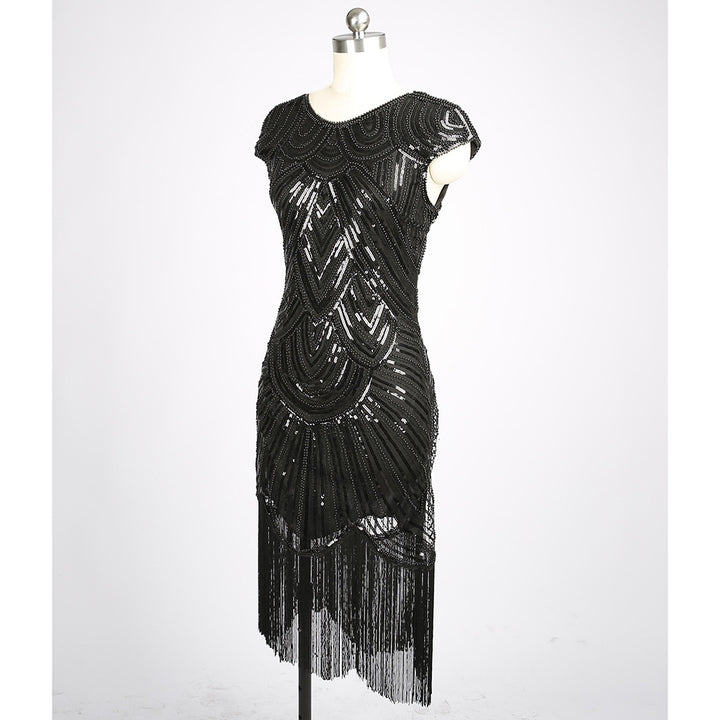 Woman elegant formal evening beaded mini tassel sequined fringed mini dress