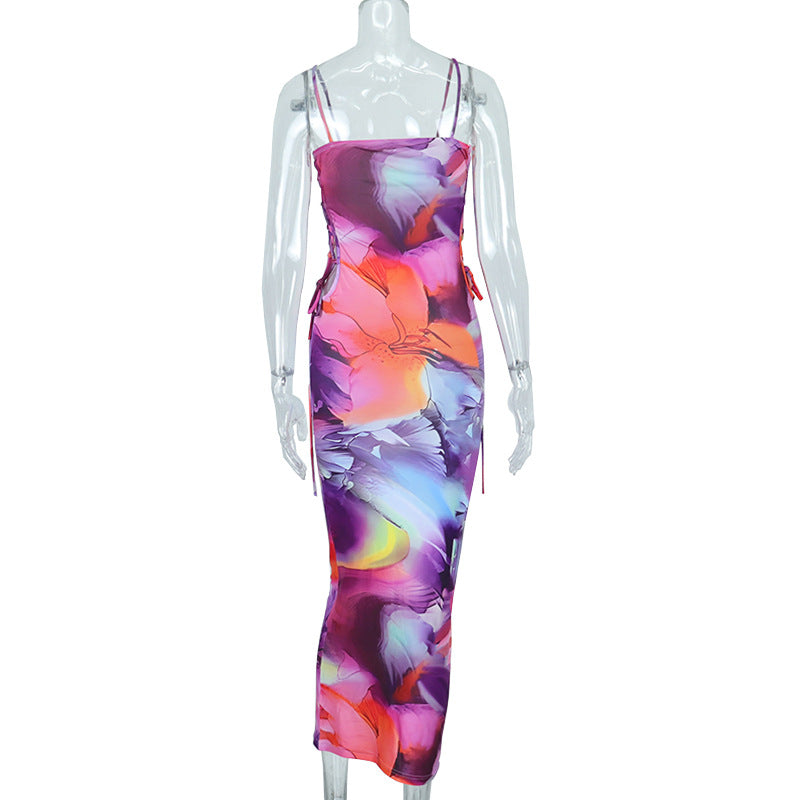 Colorful womens midi print sling dress side cutout bodycon