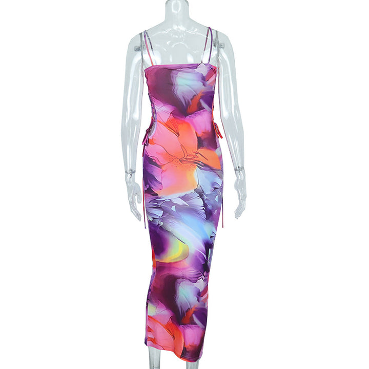 Colorful womens midi print sling dress side cutout bodycon