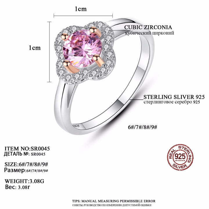 Womens 925 silver flower shape wedding ring with clear pink zircon crystal stone