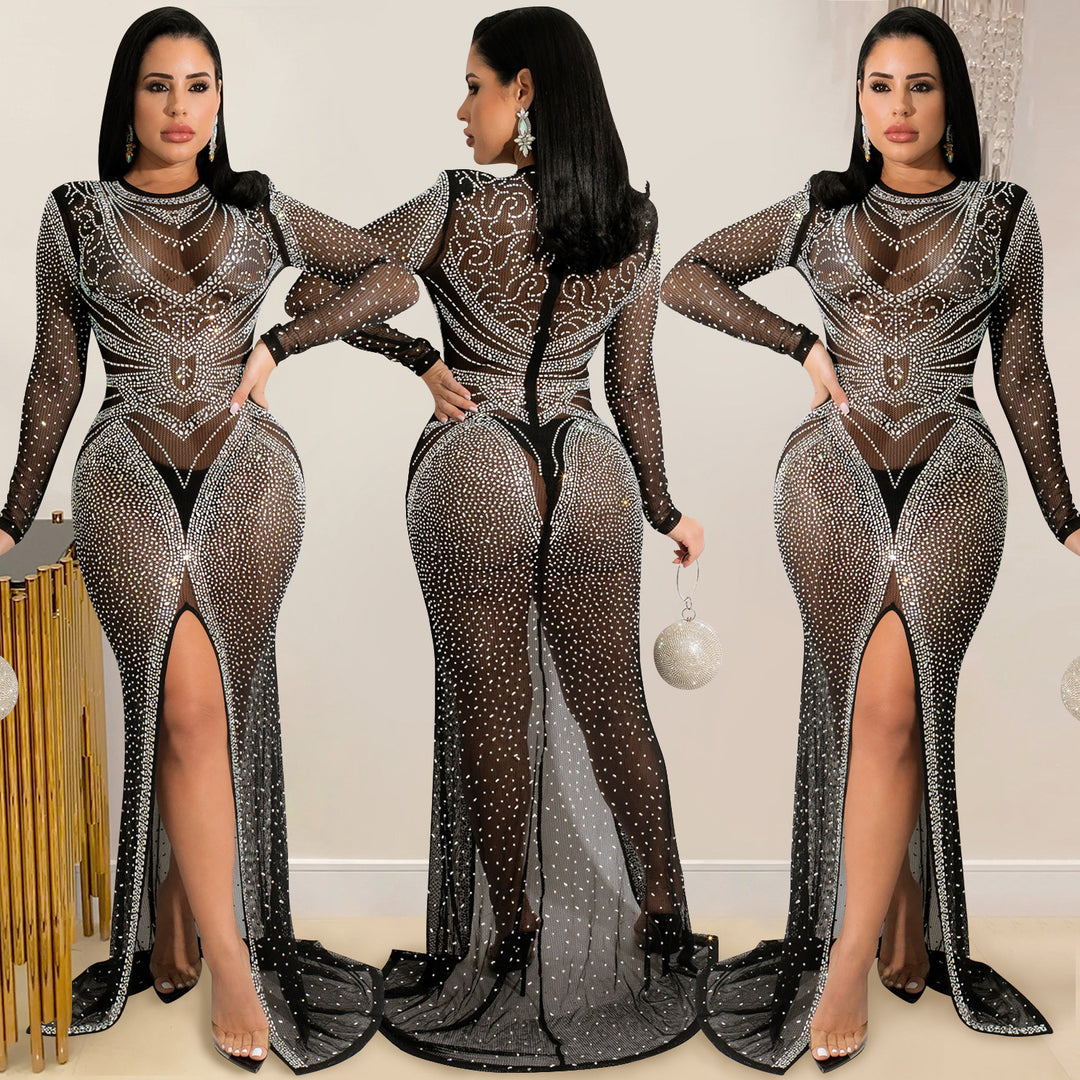 Women see through dress diamond mesh hot drill high slit floor length