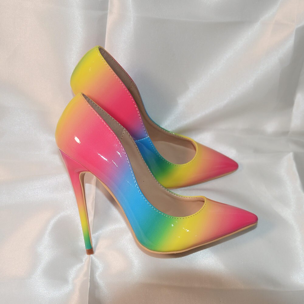 Veowalk Rainbow Colorful Patent Leather Women Sexy Stiletto Extemely High Heels, Fashion Pointed Toe Pumps Party Shoes