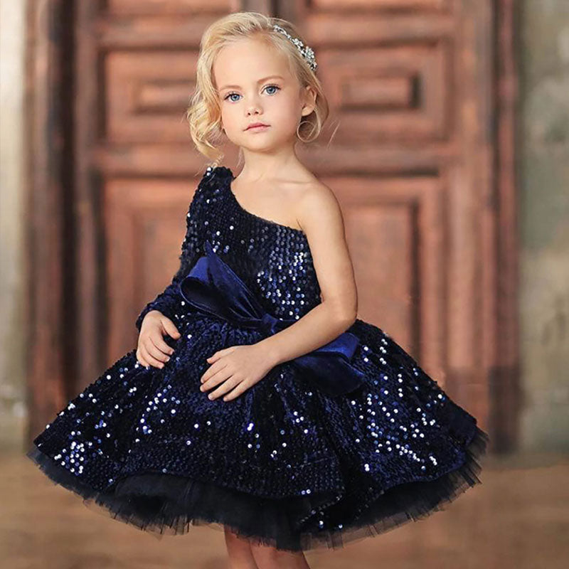 Navy Blue Cute Kids Flowers Girls Dresses Bows Pleat One Shoulder Fluffy Homecoming Dress Prince Ball Gowns Communion Dress Girl