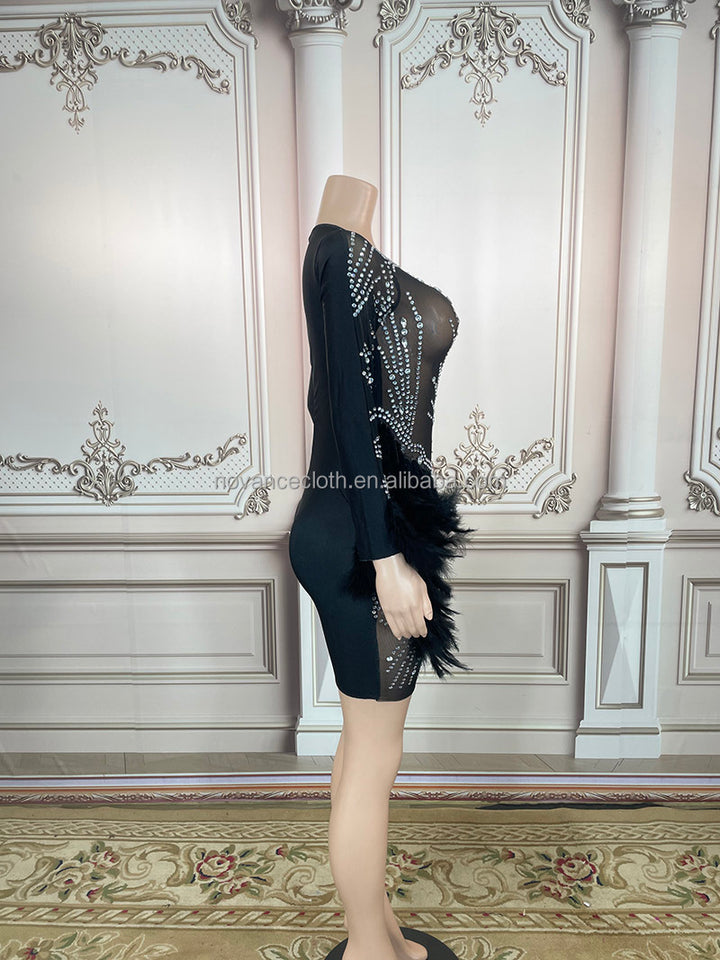 Unique gifts glitter rhinestone sequin black feather prom dresses