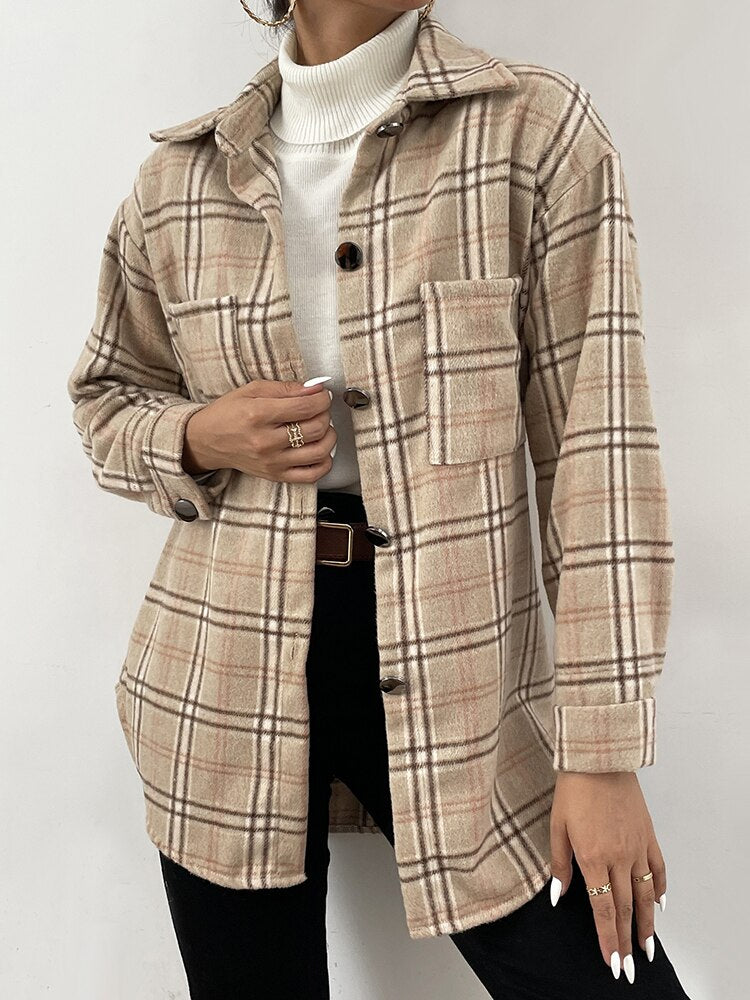 Autumn Winter 2021 Women Top Button Jacket Coat Fashion Casual Vintage Plaid Elegant Single Breasted Long Sleeve Outerwear Tops