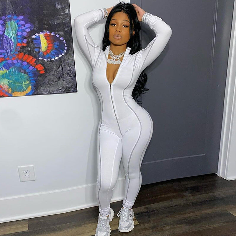 Womens zipper bodycon flatlock seam workout gym jumpsuit long sleeve legging