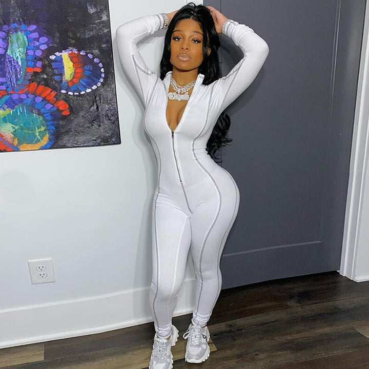 Womens zipper bodycon flatlock seam workout gym jumpsuit long sleeve legging
