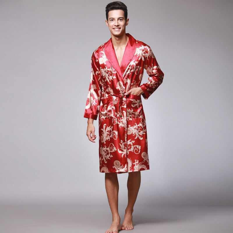 Dragon phoenix print men silk satin couple pajamas sets