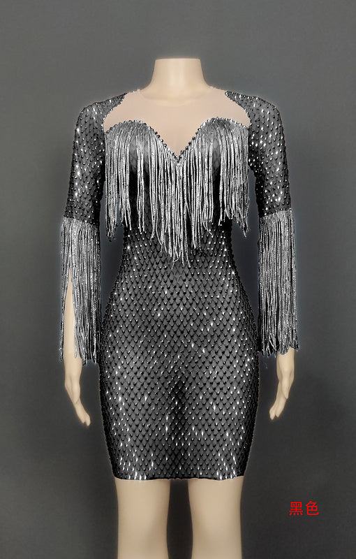Crystal diamonds tassels women clothing sheath low cut see through luxury party gown