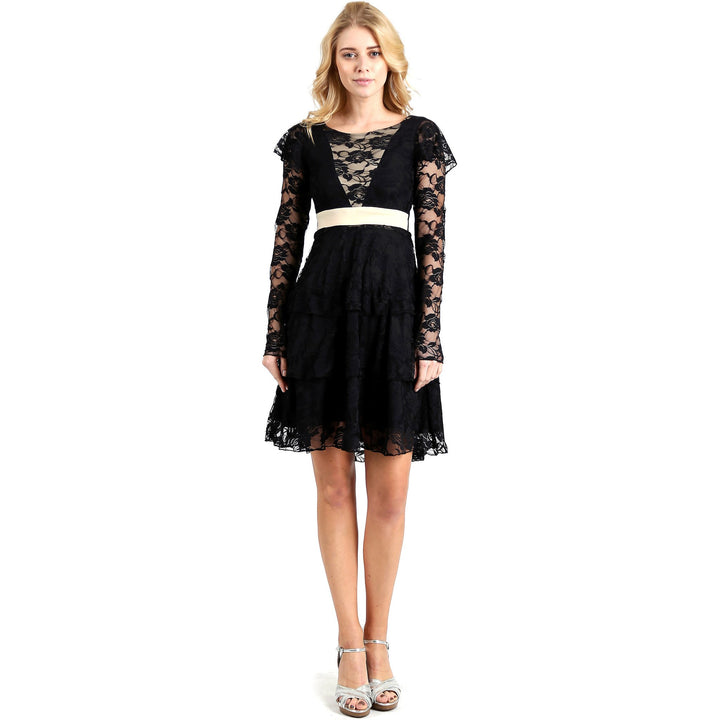 Evanese Women's Elegant Lace Cocktail Tiered Short Skirt Dress With Long Sleeves