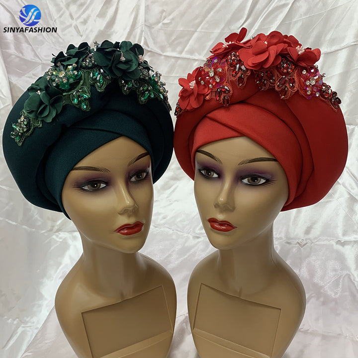 Best selling turban hat flower designs crystal auto gele headtie for women