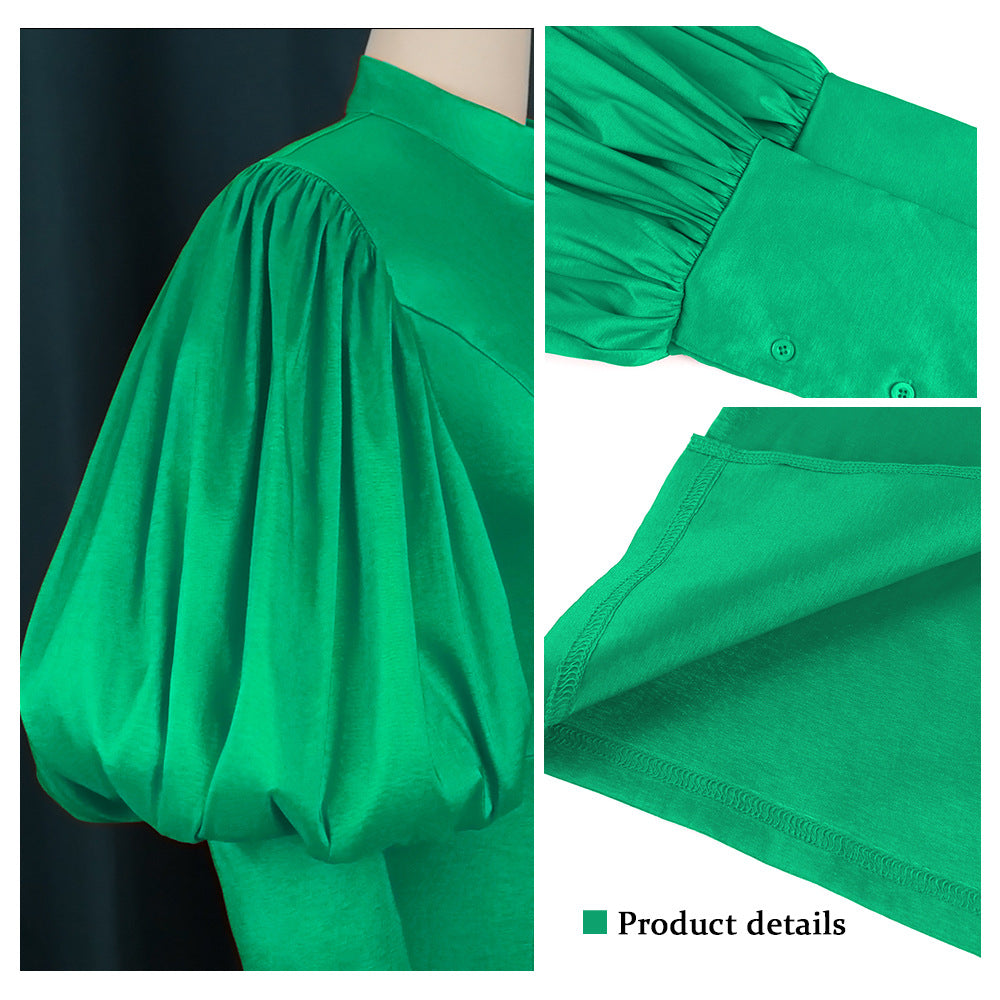 Elegant solid color casual women party dress evening green puff sleeve