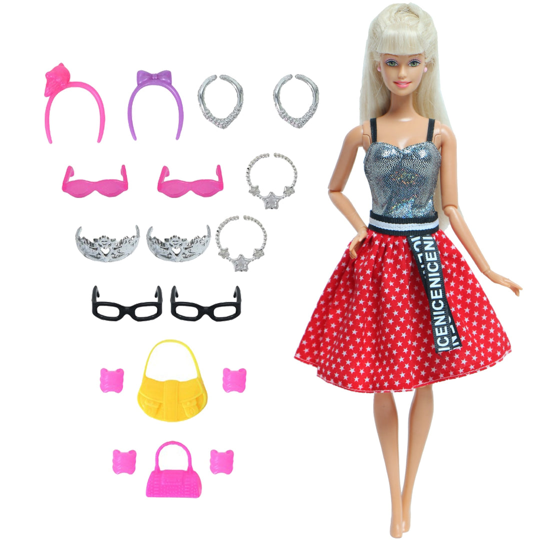 14 Pcs / Lot = 1x Fairy Tale Doll Dress + 13x Random Accessories Shoes Handbag Glasses Clothes for Barbie Doll Baby Girl Toys