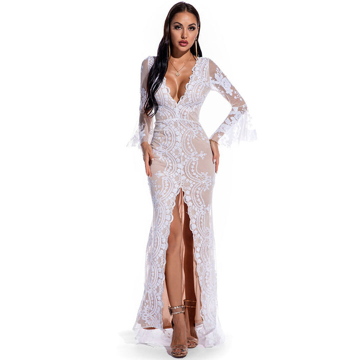 Classy long sleeves bridal lace elegant party sequin evening dress