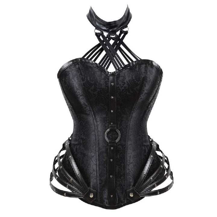 Womens steel boned lace up top zipper jacquard back ribbon corset